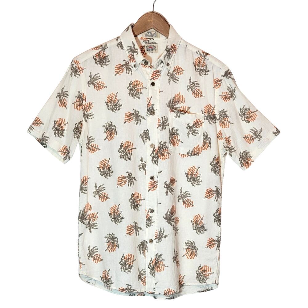 Faherty The Breeze Linen Blend Tropical Short Sleeve Button Down Shirt Cream S